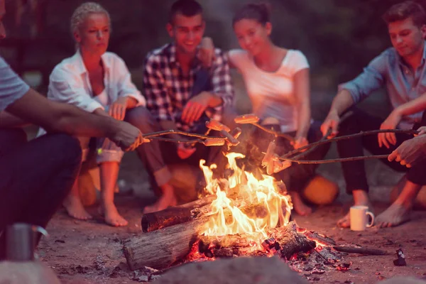 一群快乐的年轻朋友在河边篝火边享受着夏日的夜晚 — 图库照片