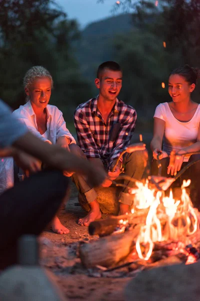 Grupo Jóvenes Amigos Felices Relajarse Disfrutar Noche Verano Alrededor Fogata —  Fotos de Stock