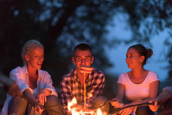 Grupo Jóvenes Amigos Felices Relajarse Disfrutar Noche Verano Alrededor Fogata —  Fotos de Stock