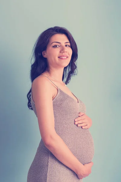 Portrait Happy Pregnant Woman Hands Belly Isolated Blue Background — Stock Photo, Image