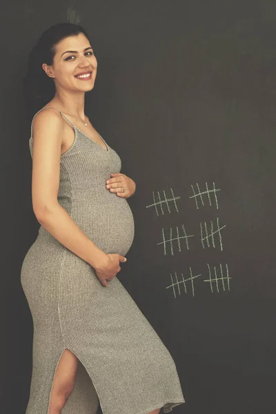 Retrato Mujer Embarazada Feliz Con Las Manos Vientre Delante Pizarra —  Fotos de Stock