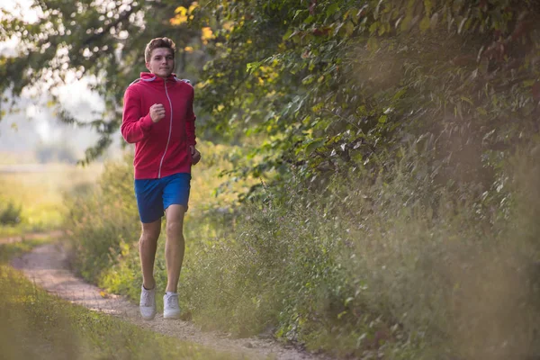 Joven Disfrutando Estilo Vida Saludable Mientras Trota Largo Camino Campo — Foto de Stock