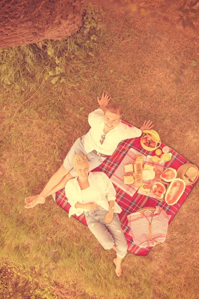 Para Zakochanych Ciesząc Się Piknik Czas Napojów Żywności Pięknej Przyrody — Zdjęcie stockowe