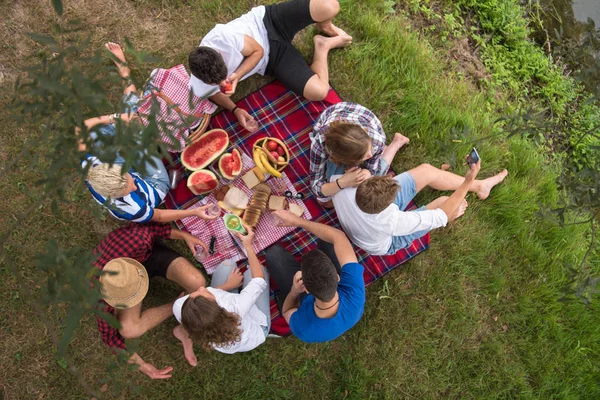 一群年轻的朋友享受野餐时间饮料和食物在美丽的自然在河岸顶部视图 — 图库照片