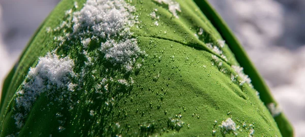 Gotas Nieve Agua Sobre Tela Verde Impermeable Ropa Esquí Invierno —  Fotos de Stock