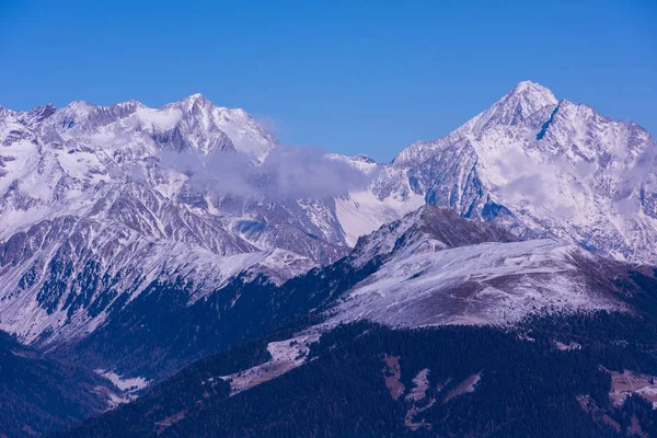 Montagnes Hiver Belle Vue Panoramique Alpine Enneigée Plafonné Alpes Européennes — Photo