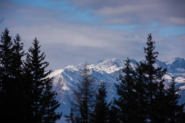 Montagnes Hiver Belle Vue Panoramique Alpine Enneigée Plafonné Alpes Européennes — Photo