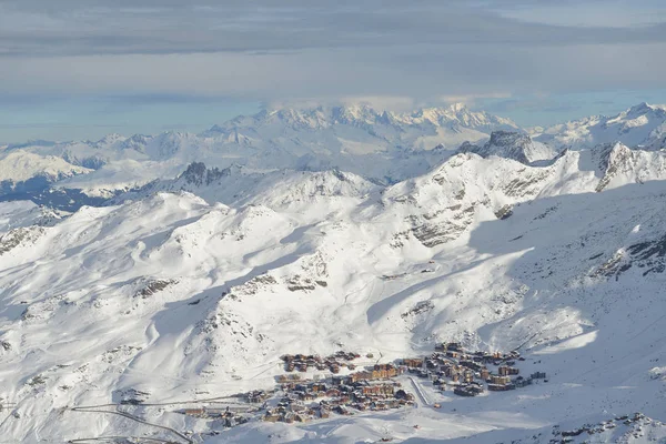 Montagnes Hiver Belle Vue Panoramique Alpine Sur Neige Fraîche Plafonnée — Photo