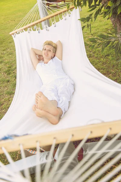 Beautiful Young Woman Enjoying Free Time While Resting White Hammock — Stock Photo, Image