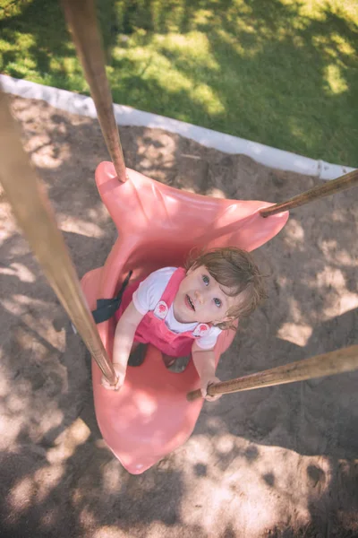 Cheerful Smiling Cute Little Girl Having Fun While Swinging Playground — Stock Photo, Image