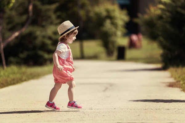 Cute Little Girl Hat Cheerfully Spending Time While Running Park — Stock Photo, Image