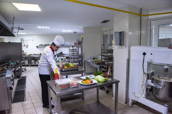 Equipo Profesional Cocineros Chefs Que Preparan Comidas Ajetreada Cocina Del —  Fotos de Stock