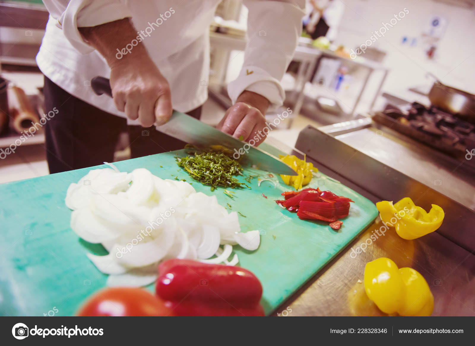 Chef Hands Cutting Fresh Delicious Vegetables Cooking Salad