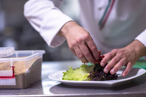 Šéfkuchař Servíruje Zeleninový Salát Talíři Kuchyni Restaurace — Stock fotografie