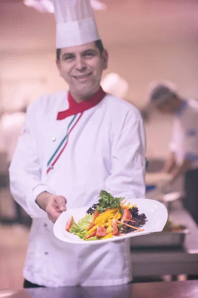 Jovem Chef Apresentando Prato Refeição Saborosa Cozinha Comercial — Fotografia de Stock