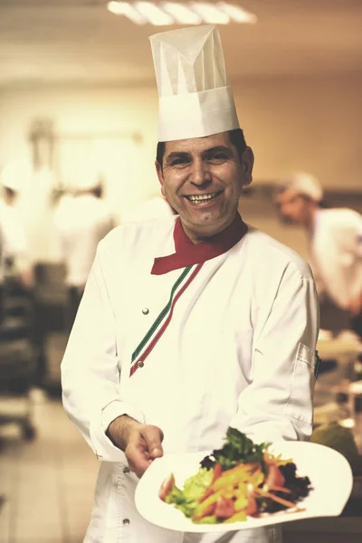 Jovem Chef Apresentando Prato Refeição Saborosa Cozinha Comercial — Fotografia de Stock