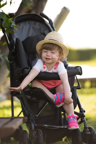 Little Very Beautiful Baby Girl Sitting Baby Stroller Waiting Mom — Stock Photo, Image