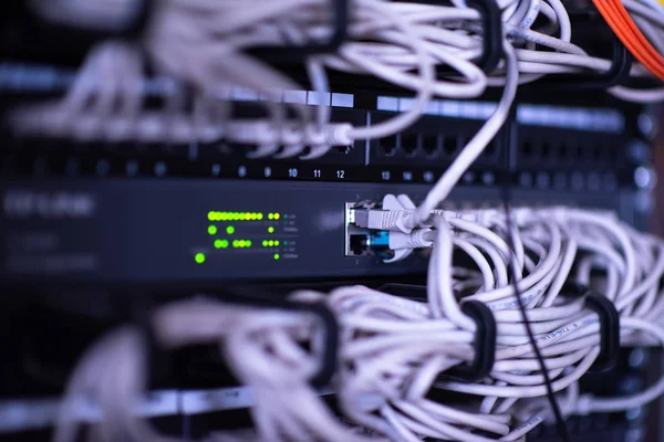 Optische Kabels Aangesloten Hoofdserver Serverkamer Van Het Datacenter — Stockfoto