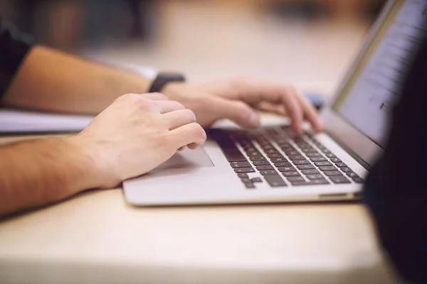 Business People Hands Typing Laptop Computer Keyboard Seminar Conference Room — Stock Photo, Image