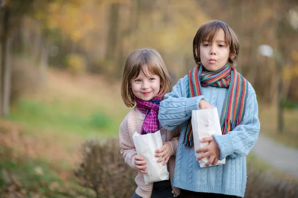 Crianças Felizes Parque Comendo Pipocas Enquanto Divertindo Belo Dia Outono — Fotografia de Stock