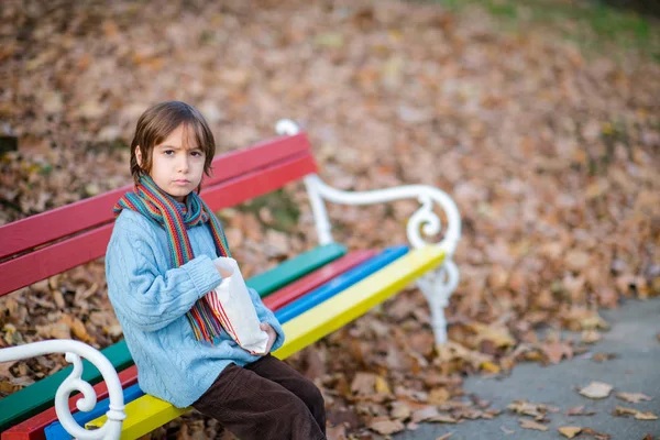 Söt Liten Pojke Park Äta Popcorn Mulen Höstdag — Stockfoto