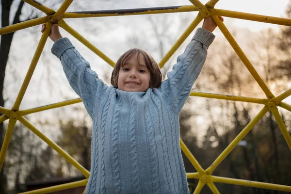 Söt Liten Pojke Att Kul Lekplats Park Cludy Hösten Dag — Stockfoto