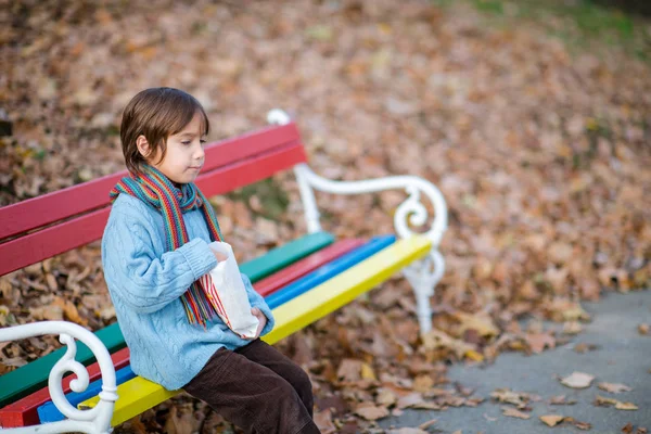 Carino Bambino Nel Parco Mangiare Popcorn Autunno Giornata Nuvolosa — Foto Stock