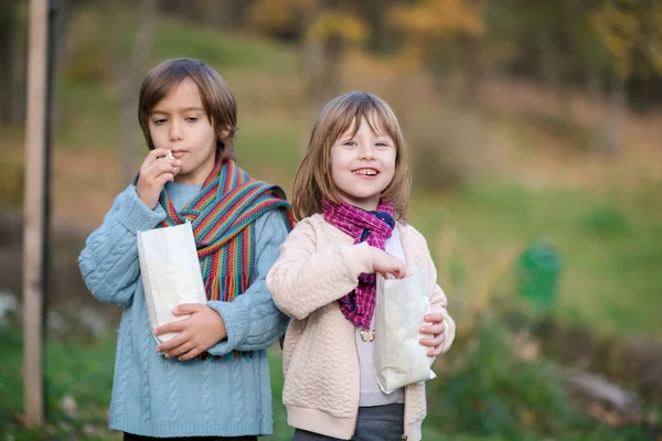 Glada Barn Park Äta Popcorn Samtidigt Roligt Vacker Höstdag — Stockfoto