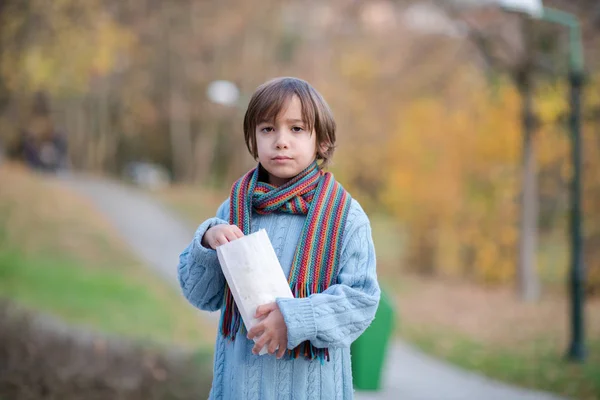 Carino Bambino Nel Parco Mangiare Popcorn Autunno Giornata Nuvolosa — Foto Stock