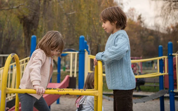 Cutte 少女と子供の少年秋曇りの日の遊び場で遊んでいる間楽しいと喜びを公園 — ストック写真