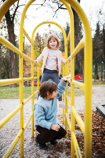 在秋日阴天 孩子们公园里的可爱的小女孩和男孩在操场上玩耍时 享受快乐和快乐 — 图库照片