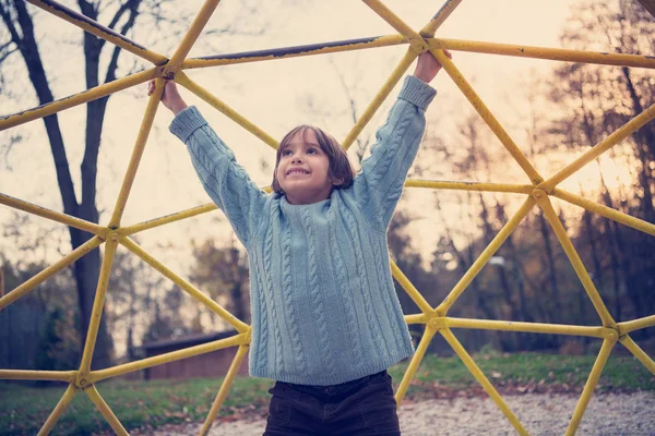 Netter Kleiner Junge Amüsiert Sich Herbsttag Spielplatz Park — Stockfoto