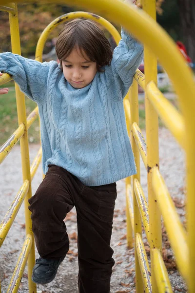 Cute Little Boy Having Fun Playground Park Cludy Autum Day — Stock Photo, Image