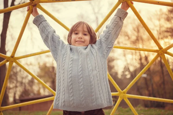 Netter Kleiner Junge Amüsiert Sich Herbsttag Spielplatz Park — Stockfoto