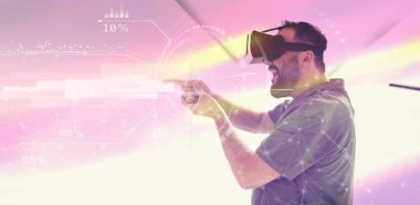 sanal gerçeklik vr gözlük fütüristik neural ağ noktalar grafik tasarım ile modern evde çalışan adam