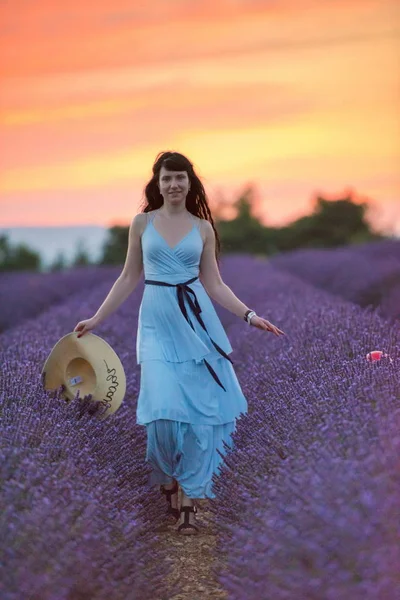 Жіночий Портрет Лавандовій Квітці Заході Сонця Нічний Час — стокове фото