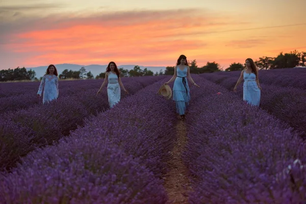 Grupo Fêmeas Divertir Campo Flores Lavanda Pôr Sol Bonito — Fotografia de Stock