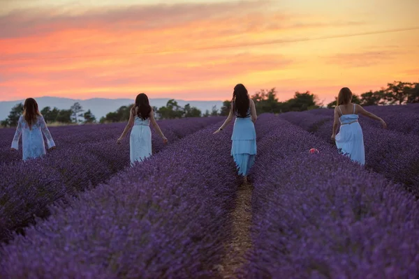 Groep Van Vrouwtjes Veel Plezier Lavendel Bloem Veld Prachtige Zonsondergang — Stockfoto