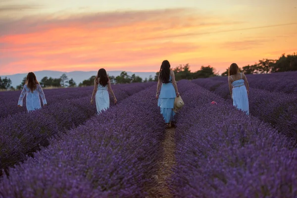 Groep Van Vrouwtjes Veel Plezier Lavendel Bloem Veld Prachtige Zonsondergang — Stockfoto