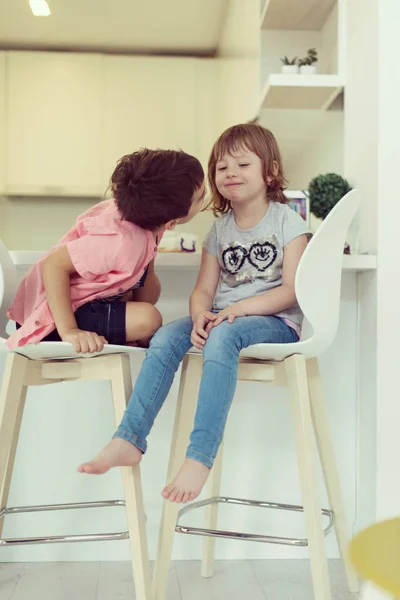 Cute Little Brother Sister Home Barefoot Kitchen Having Fun — Stock Photo, Image