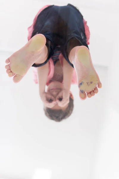 View Cute Little Boy Standing Transparent Glass Floor Holding Hands — Stock Photo, Image