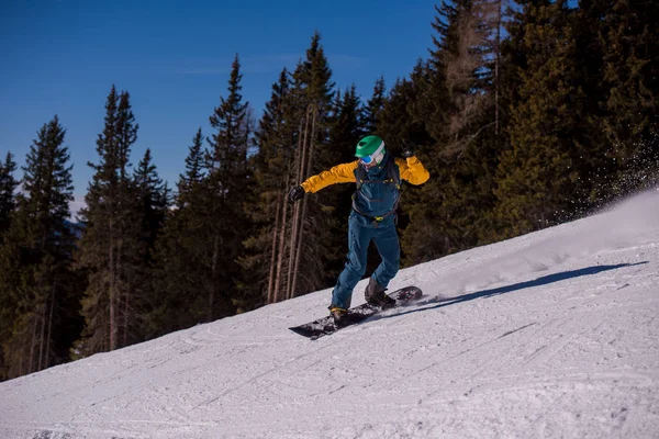 Jeune Snowboarder Freestyle Descendant Pente Rouler Style Libre Journée Ensoleillée — Photo