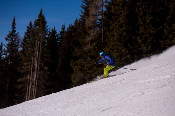 Young Athlete Freestyle Skier Having Fun While Running Downhill Beautiful — Stock Photo, Image