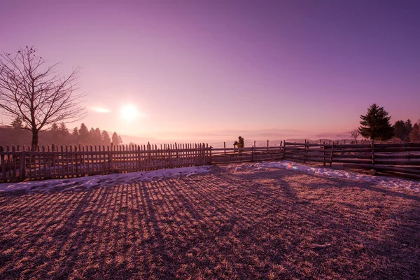 Winter Landschap Schilderachtige Verse Sneeuw Tegen Purple Violet Hemel Met — Stockfoto