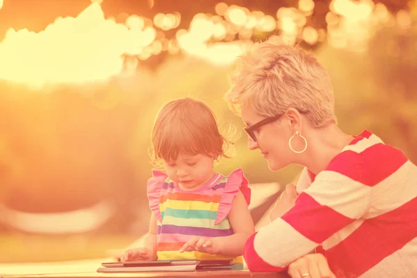 Feliz Madre Pequeña Hija Disfrutando Del Tiempo Libre Utilizando Computadora —  Fotos de Stock