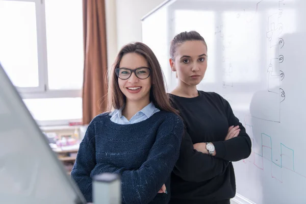 两个年轻的女学生站在白板前 看着相机的肖像 — 图库照片