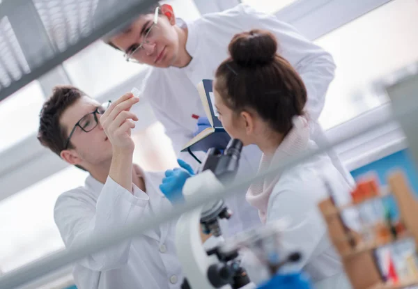 Grupo Jóvenes Estudiantes Medicina Que Investigan Juntos Laboratorio Química Trabajo —  Fotos de Stock