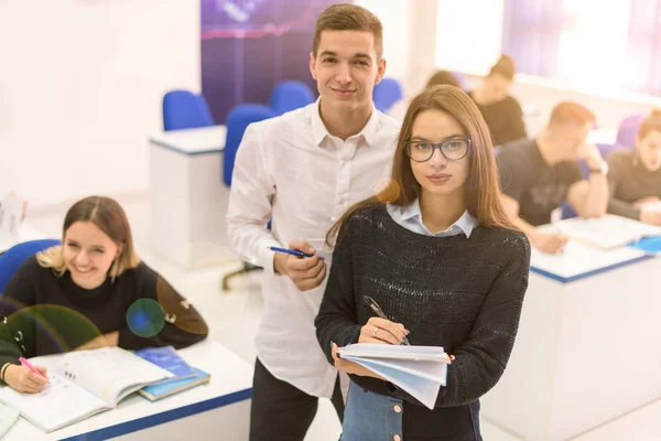 Two Young Students Man Woman Others Working Project Classroom Writing — Stock Photo, Image