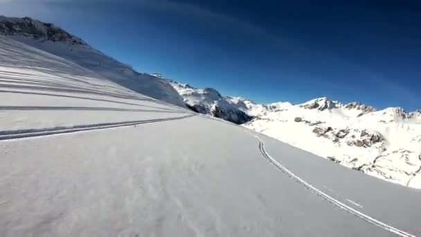 晴れた日 Gopro 胸マウントにアルプスの新鮮なパウダースノーのスキー冬フリーライド — ストック動画