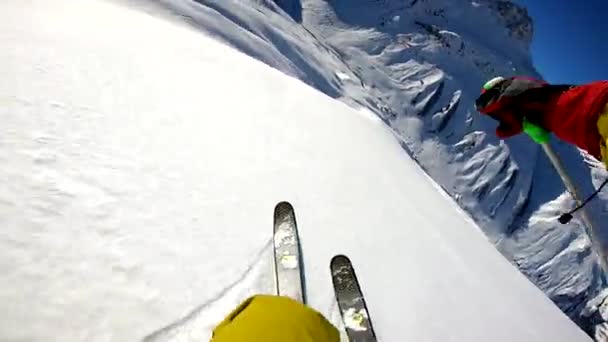 Winter Freeride Skiing Powder Fresh Snow Alps Sunny Day Gopro — Stock Video